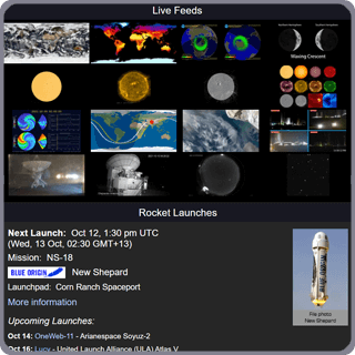 Space Dave's Universe Monitor is a free web app for viewing the latest space images and data, including video streams, webcams, satellite images, data
